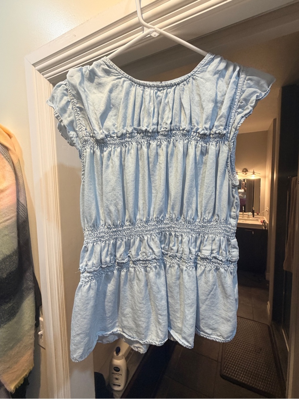 Time and Tru Light Blue Smocked Tiered Flutter Sleeve Top